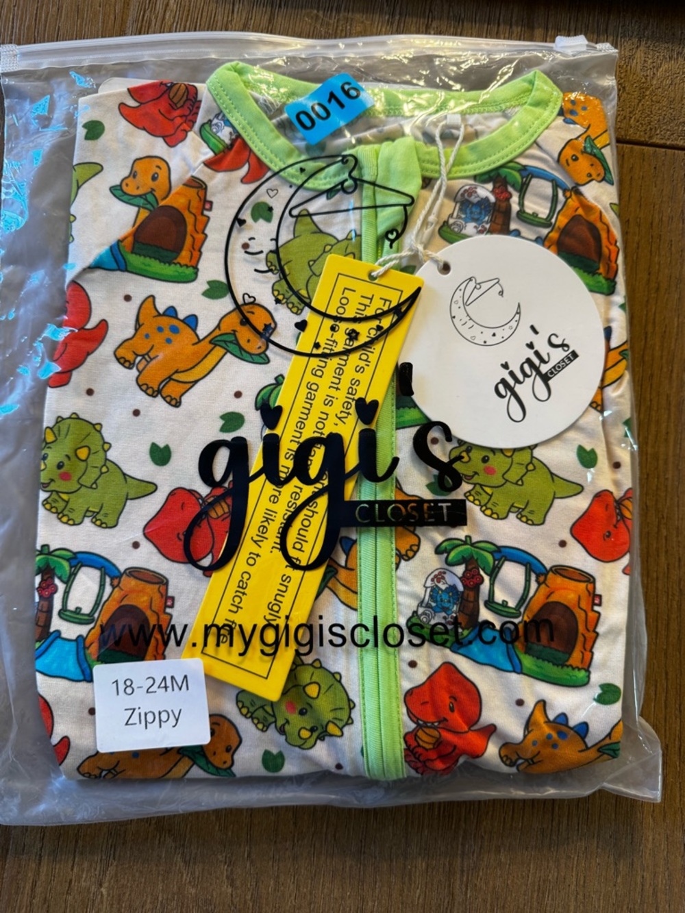 Gigi's Closet Baby Zippy Footless Pajamas - Dino Print in White & Green
